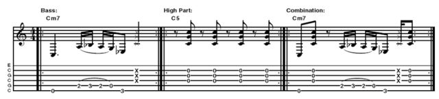 Example 3 - John's rhythm guitar style fills a lot of space, often combining elements of bass, harmony, rhythm and melody in the same part. Here he deconstructs a part into its basic elements, and then puts it back together again. John's playing is spontaneous, rarely repeating the same bar twice. Get into the vibe and make variations as you see fit.